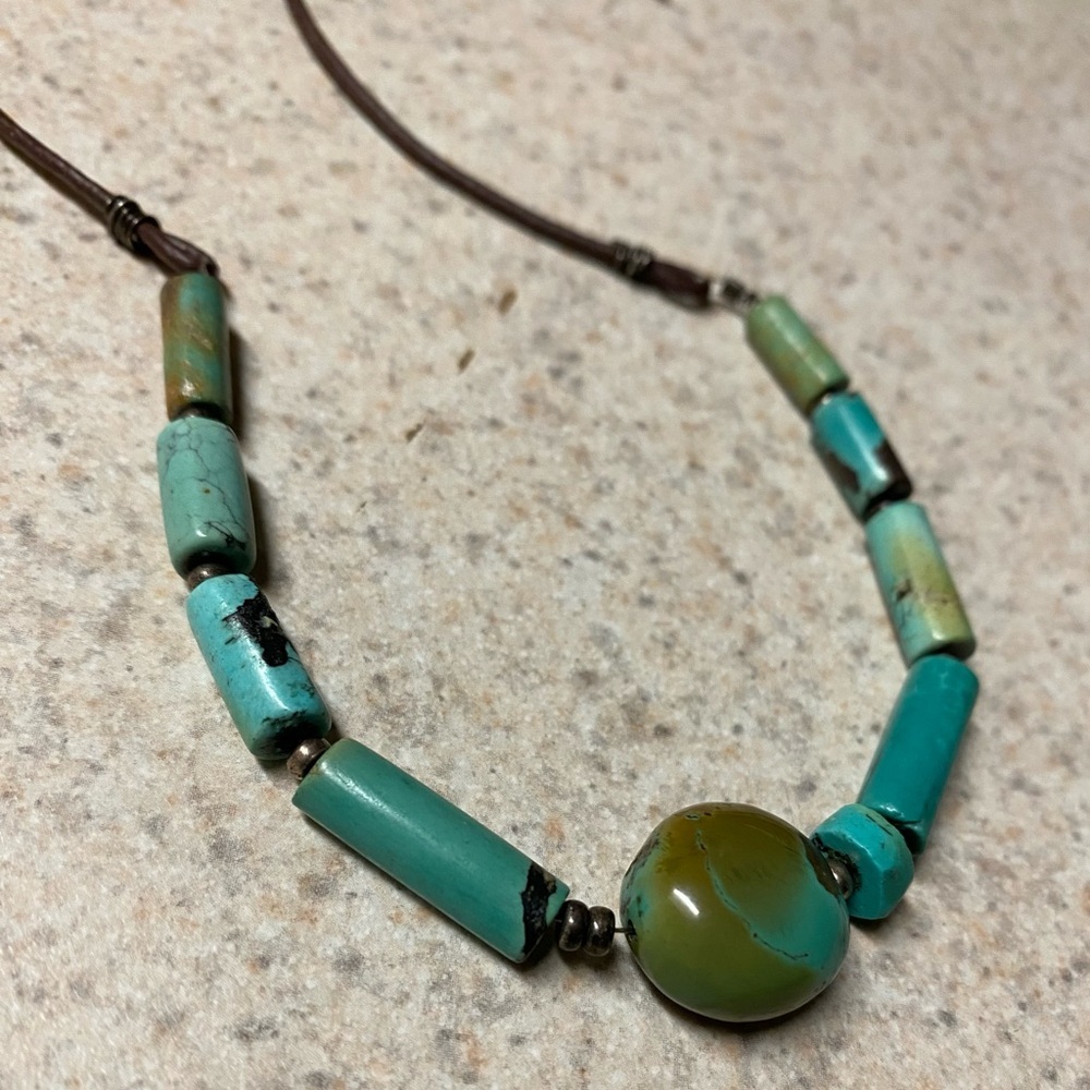 Vintage Turquoise Beaded Necklace | Southwestern Statement Leather Cord Jewelry - Picture 2 of 5